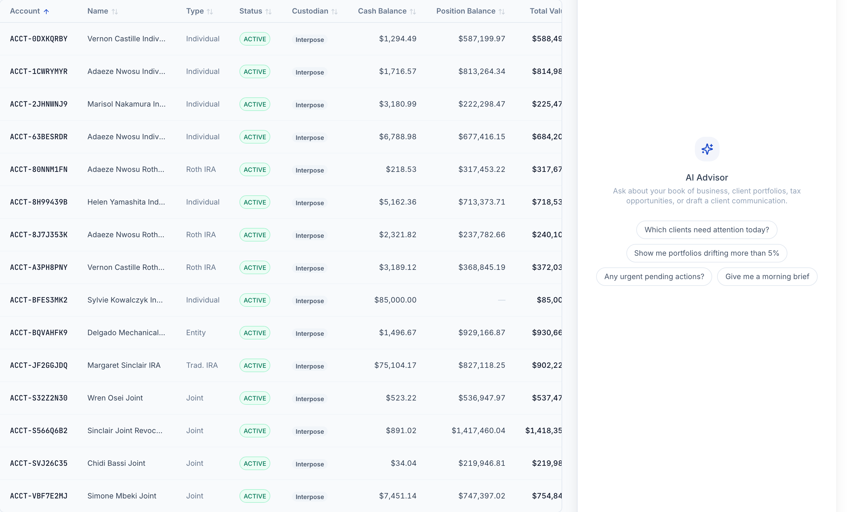 Account table listing each account with its custodian, cash balance, position balance, total value, cash weight, assigned portfolio and drift